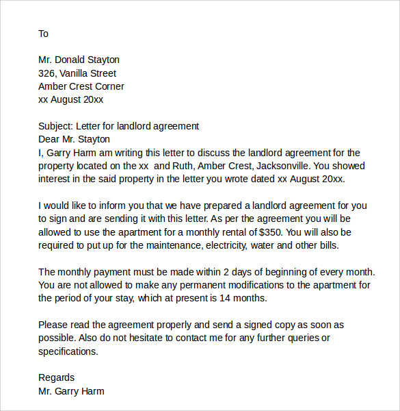 sample landlord agreement letter