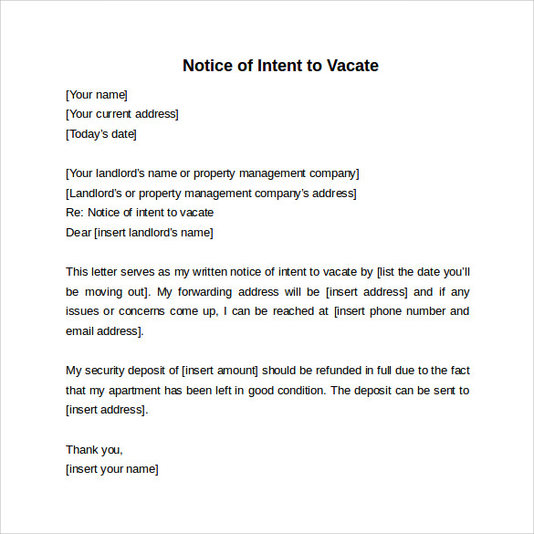 notice of intent to vacate