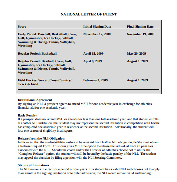 national letter of intent rules template