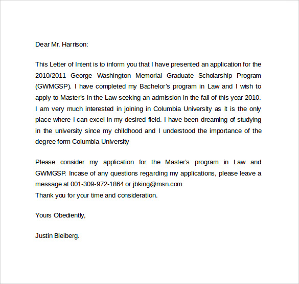 letter of intent template graduate school