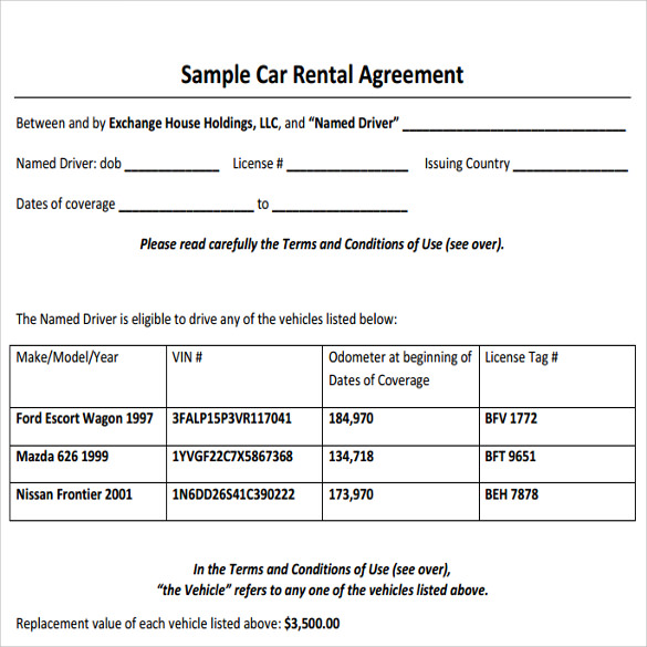 Vehicle Rental Agreement Template