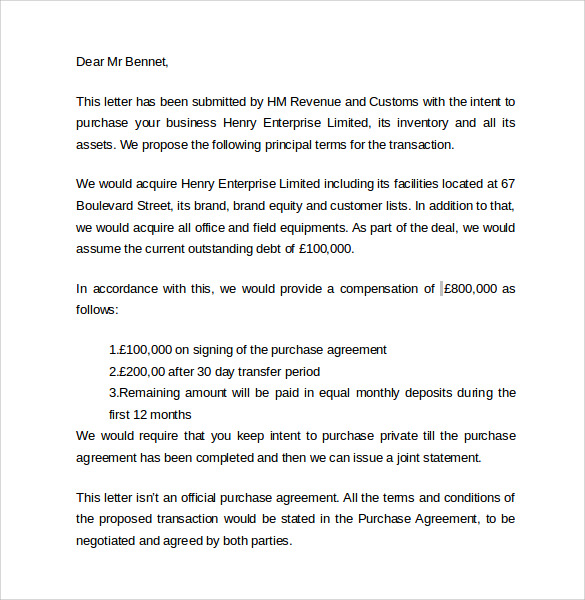 letter of intent to purchase business template