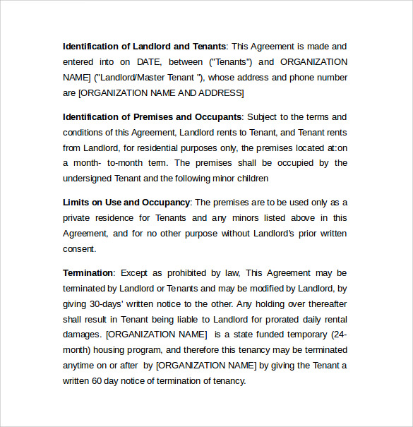 monthly residential rental agreement sample