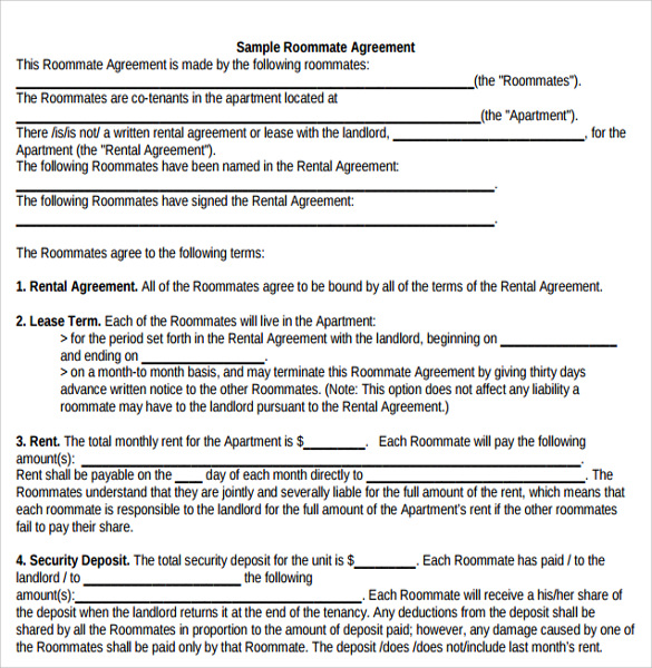 sample roommate agreement
