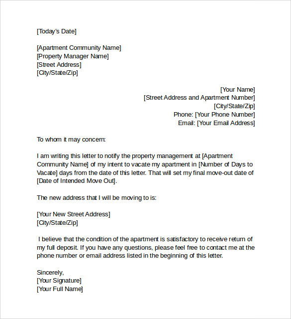 sample letter to vacate apartment
