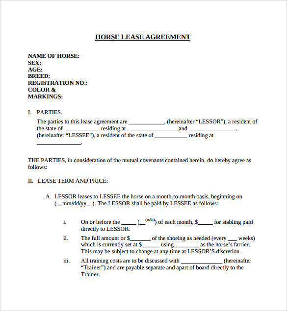 7+ Horse Lease Agreement Templates Samples, Examples & Formats