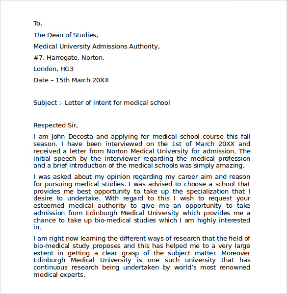 sample letter of intent medical school