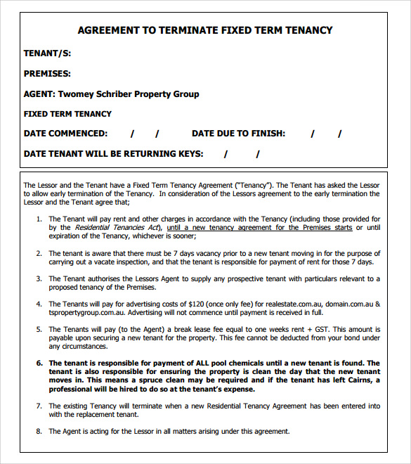 Early Termination Of Lease Agreement Template