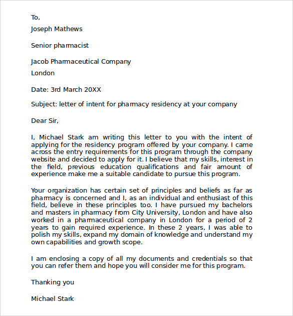 application letter for pharmacy training