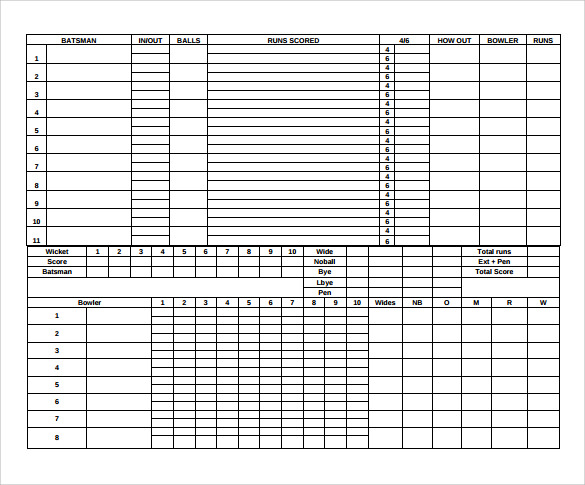 cricket score sheet 40 overs