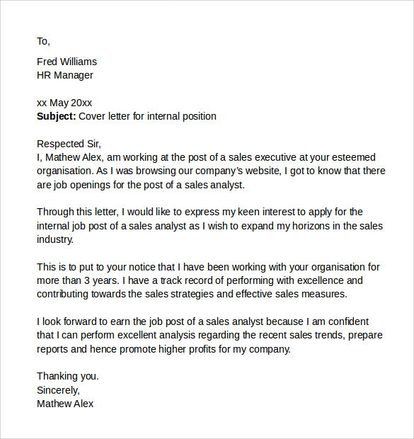 Cover letter for internal position sample example ...