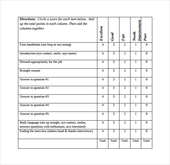 sample interview score sheet