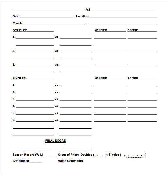 Printable Tennis Score Sheet