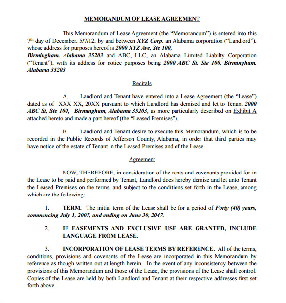 memorandum format pdf template Samples Of Lease Memorandum 8 Examples , Agreement