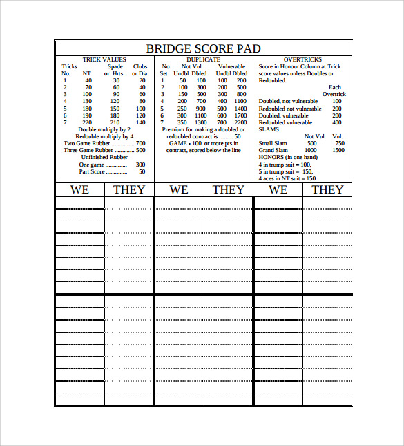bridge score pad sheet sample