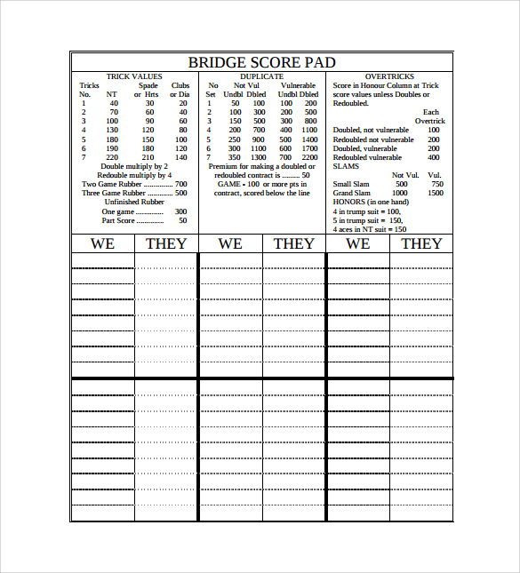 Printable Bridge Score Sheets