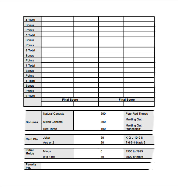 canasta score sheet with penality points