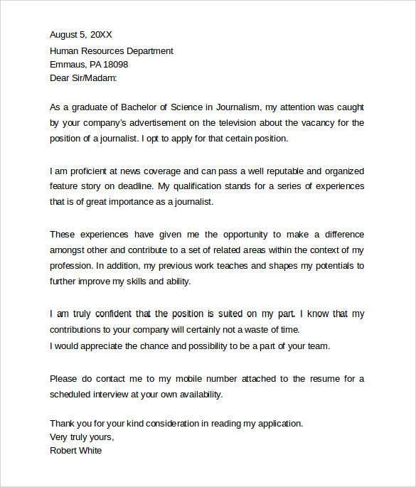 journalism cover letter sample