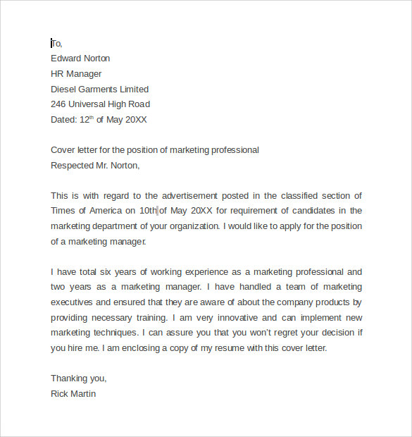 marketing professional cover letter