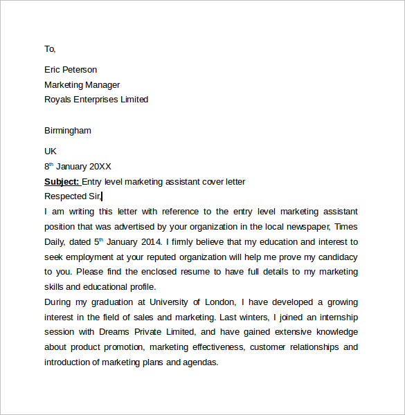 entry level marketing cover letter