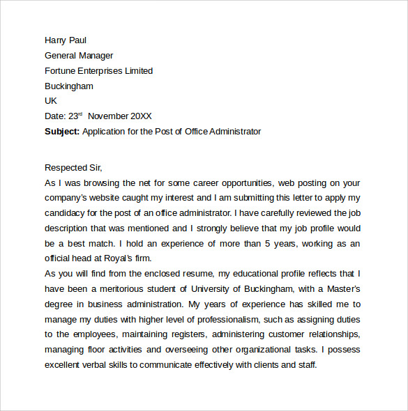 office administrator entry level cover letter