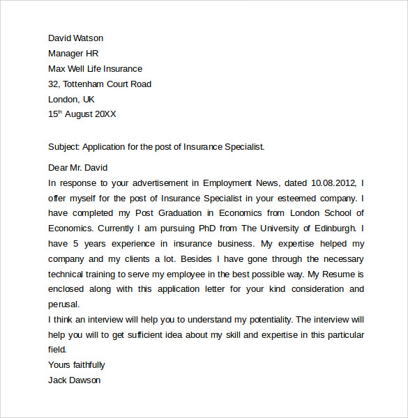 cover letter for insurance specialist