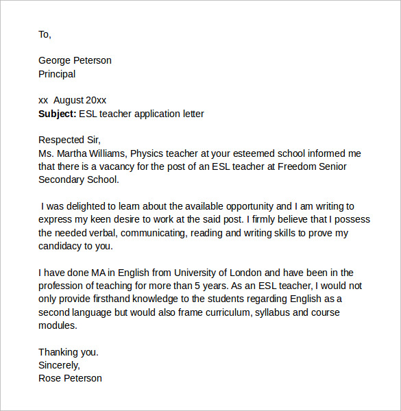 sample cover letter for esl students