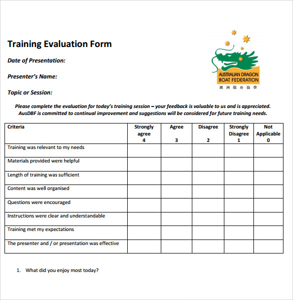 sample training evaluation form