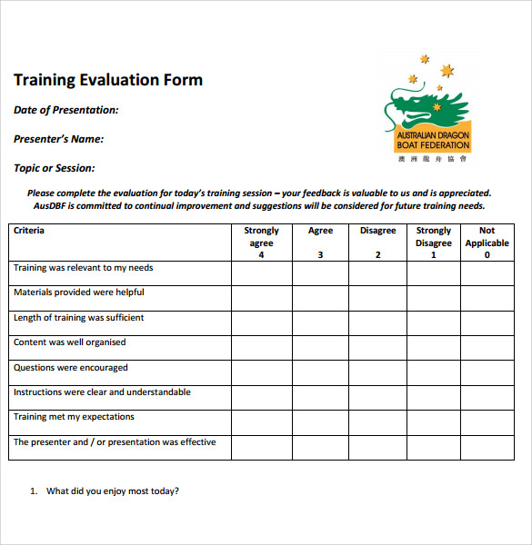Free Training Course Evaluation Form Template Printable Templates