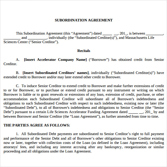 FREE 9+ Sample Subordination Agreement Templates in PDF