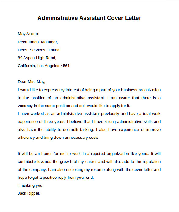 Free Sample Resume Cover Letter Administrative Assistant