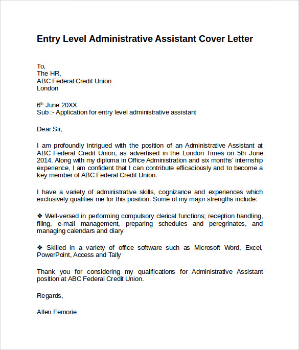 administrative assistant application letter