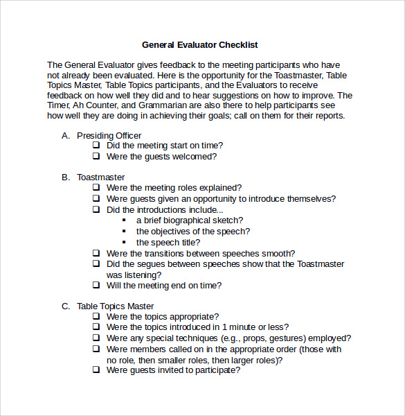 general evaluator checklist