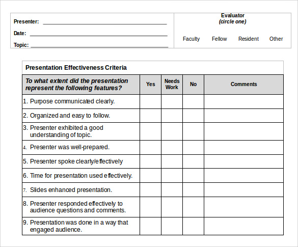 word download presentation evaluation form