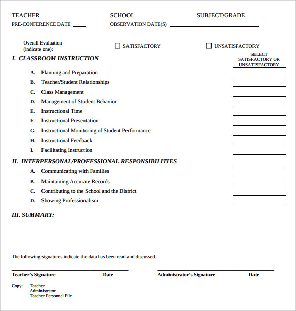 school teacher evaluation form