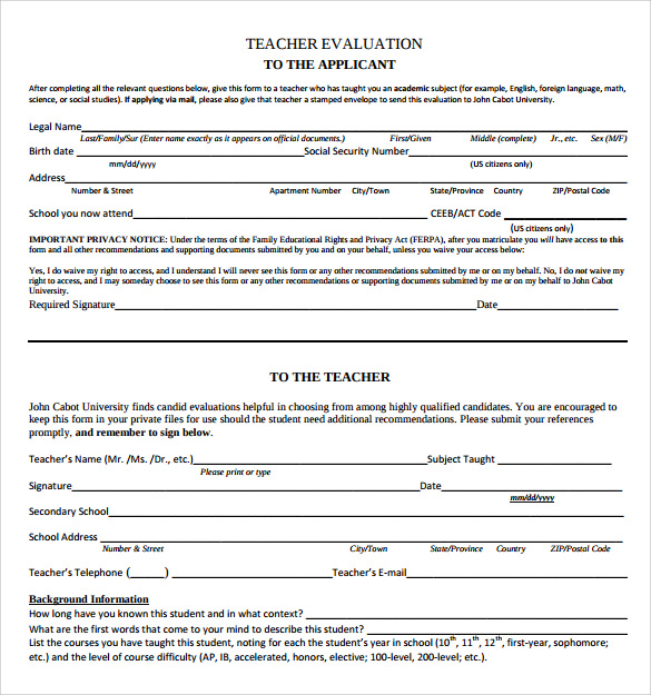 Sample Teacher Evaluation Form Template