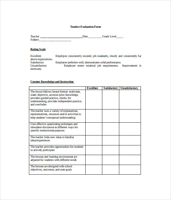 teacher evaluation form word