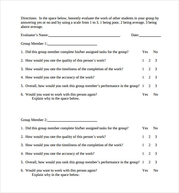 Peer Evaluation Form For Group Work 63