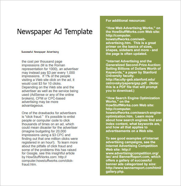 FREE 6  Sample Newspaper Ad in PDF MS Word