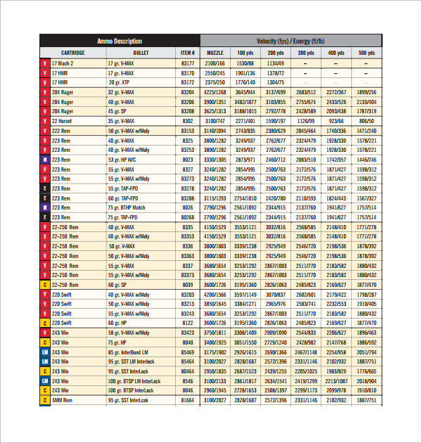 ballistics chart template download in pdf