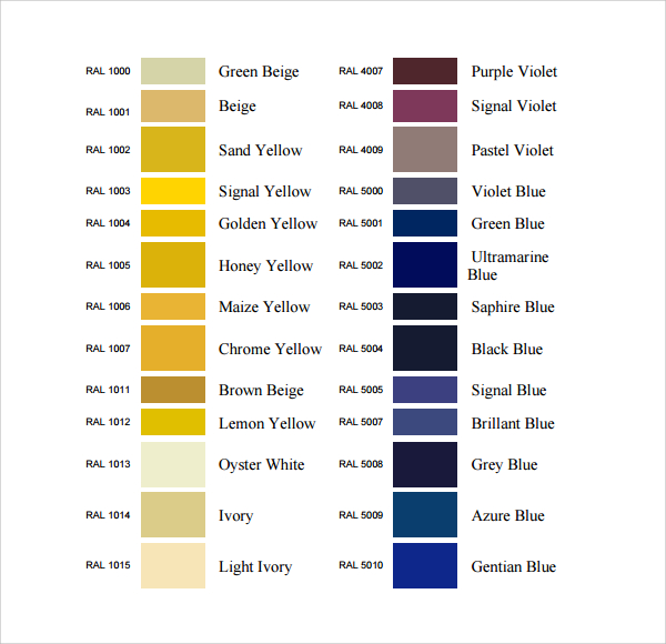 ral color chart template free pdf