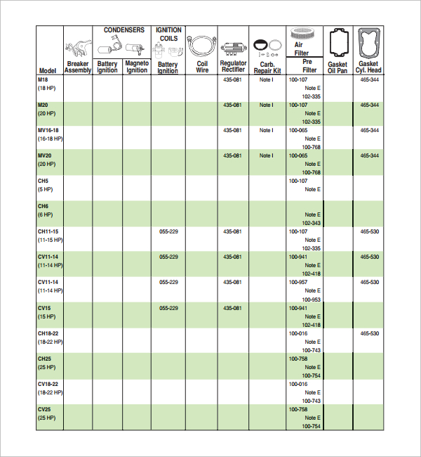 oil filter cross reference chart template free download