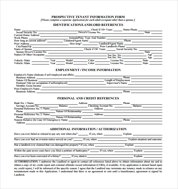 prospective tenant information form sample