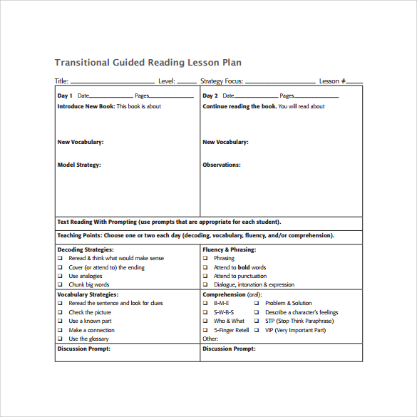 transitional guided reading lesson plan