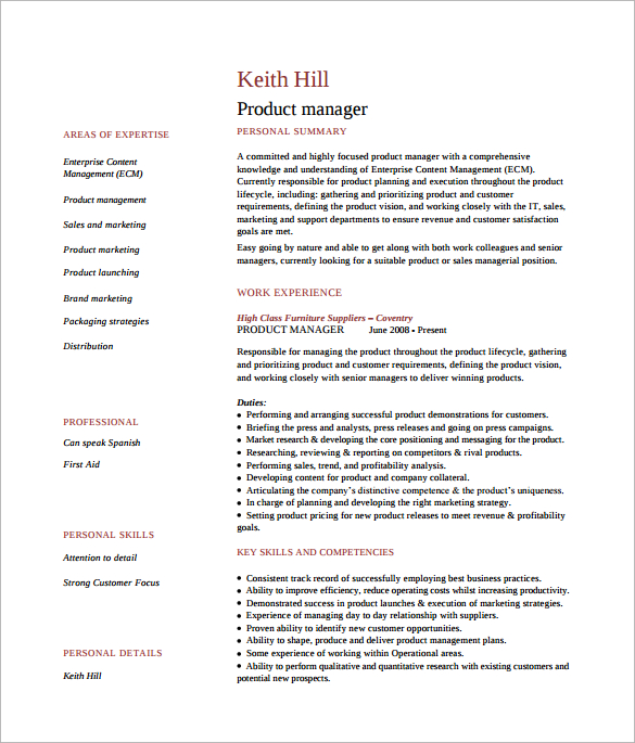 product manager resume word template free download 