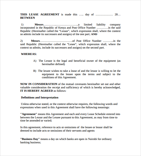 equipment lease form sample download