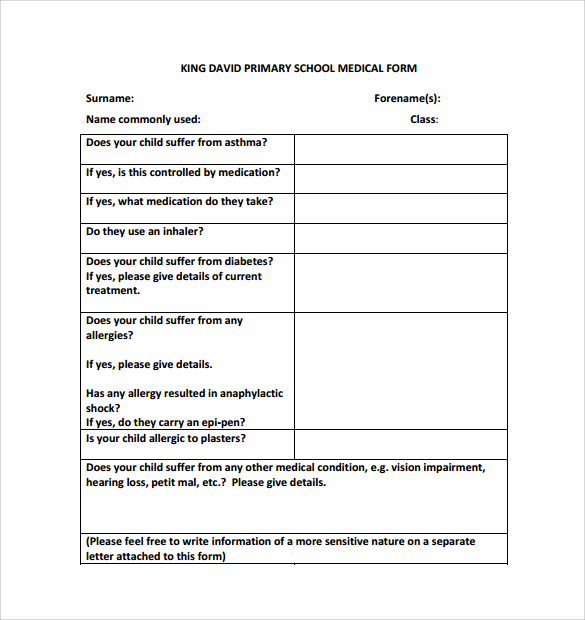 primary school medical form