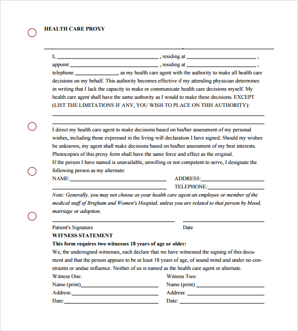 Free Printable Proxy Form Printable Templates   Medical Health Care Proxy Form 