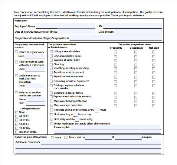 Free 16 Return To Work Medical Form Templates In Pdf Ms Word