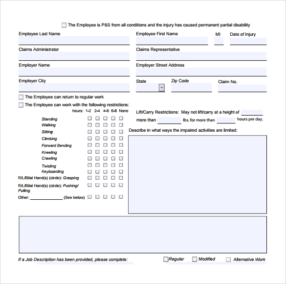 return to work medical form sample download